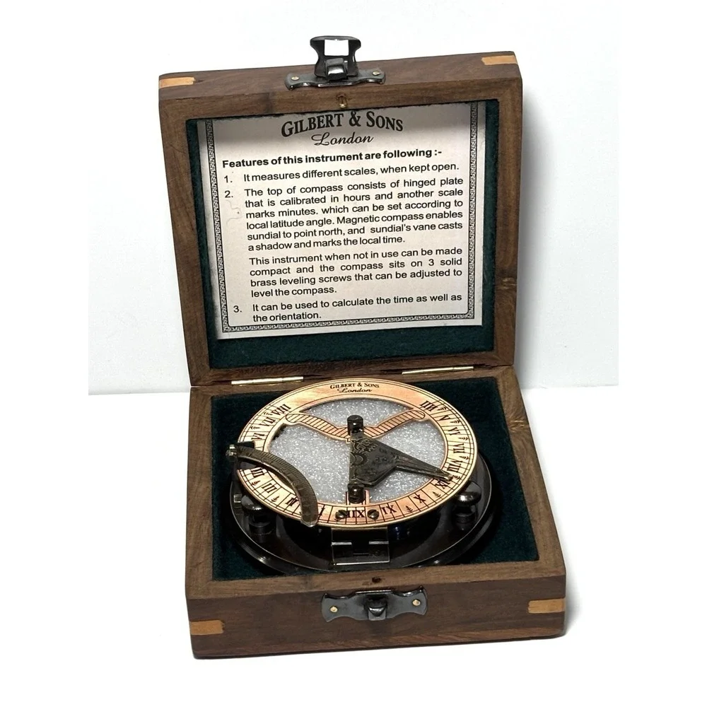 Gilbert & Sons London Sundial Compass in Wooden Box Engraved JC Maritime Gift